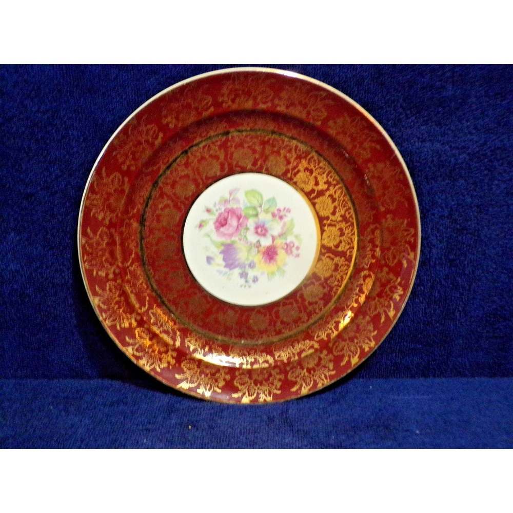 Salem China "Century" Aristocrat Maroon 22K Gold Flowers Dinner Plate Vintage